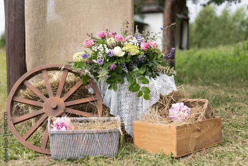 Festive wedding decoration in nature. Rustic or boho style. Close up