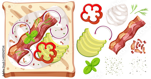 Top view of a bread with topping element isolated