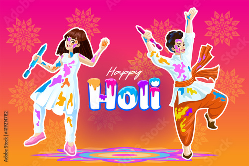 Holi Greetings with joyful Dancers in a Vibrant background