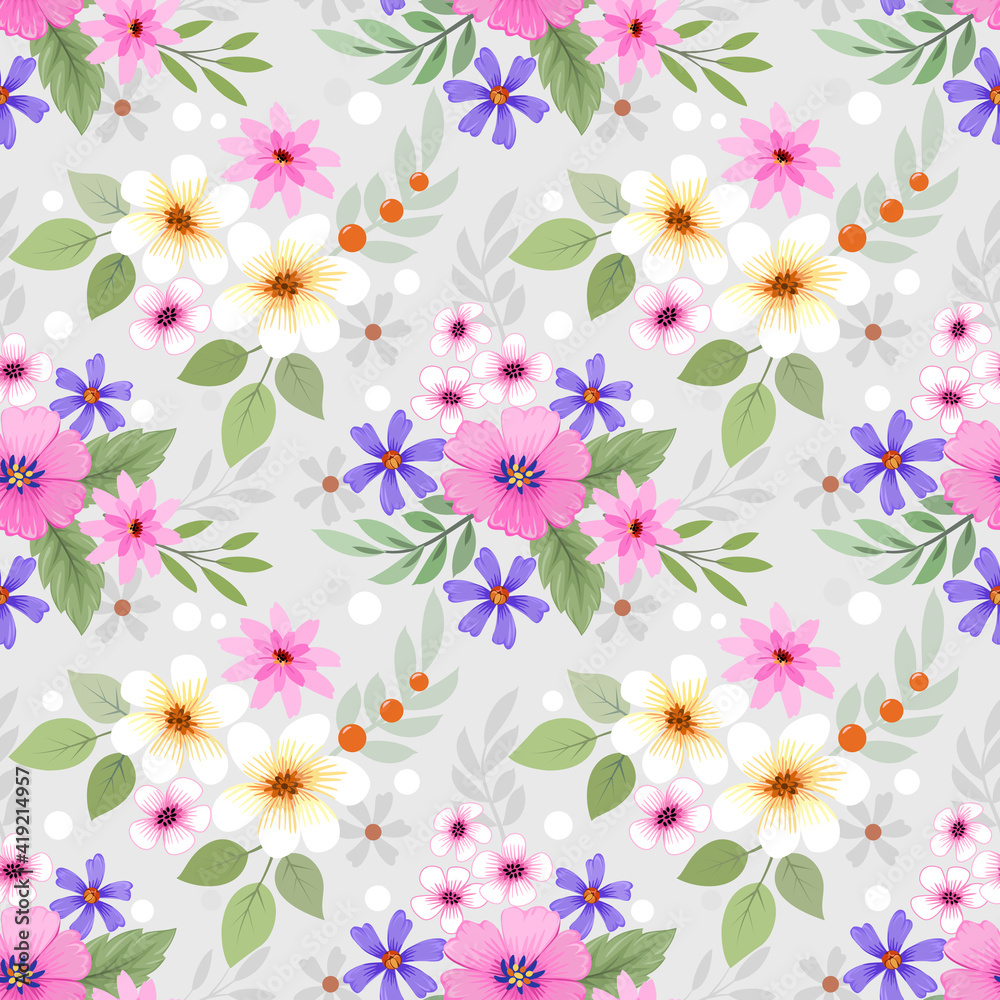 Abstract floral seamless pattern design. Cute hand drawn illustration. Pink, white and purple flowers on gray background.