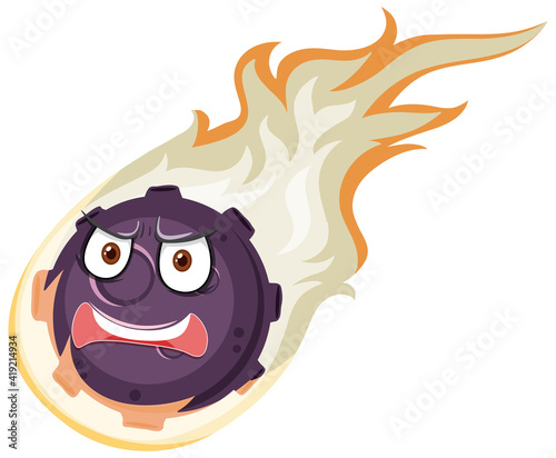 Flame meteor cartoon character with angry face expression on white background