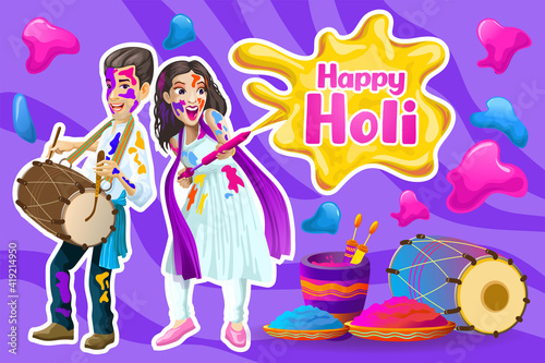 Holi greetings with joyful Indian dancers