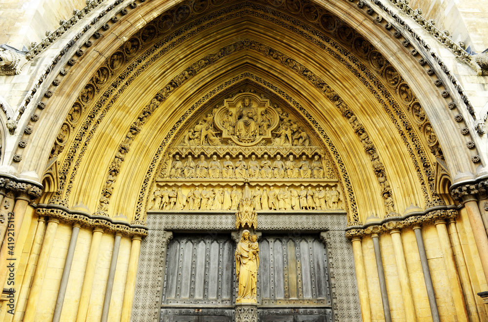 North door tympanum. Westminster Abbey in London, England, UK. Unesco World Heritage Site since 1987