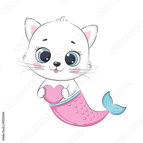 Cute little kitten and mermaid. Siren. Vector illustration