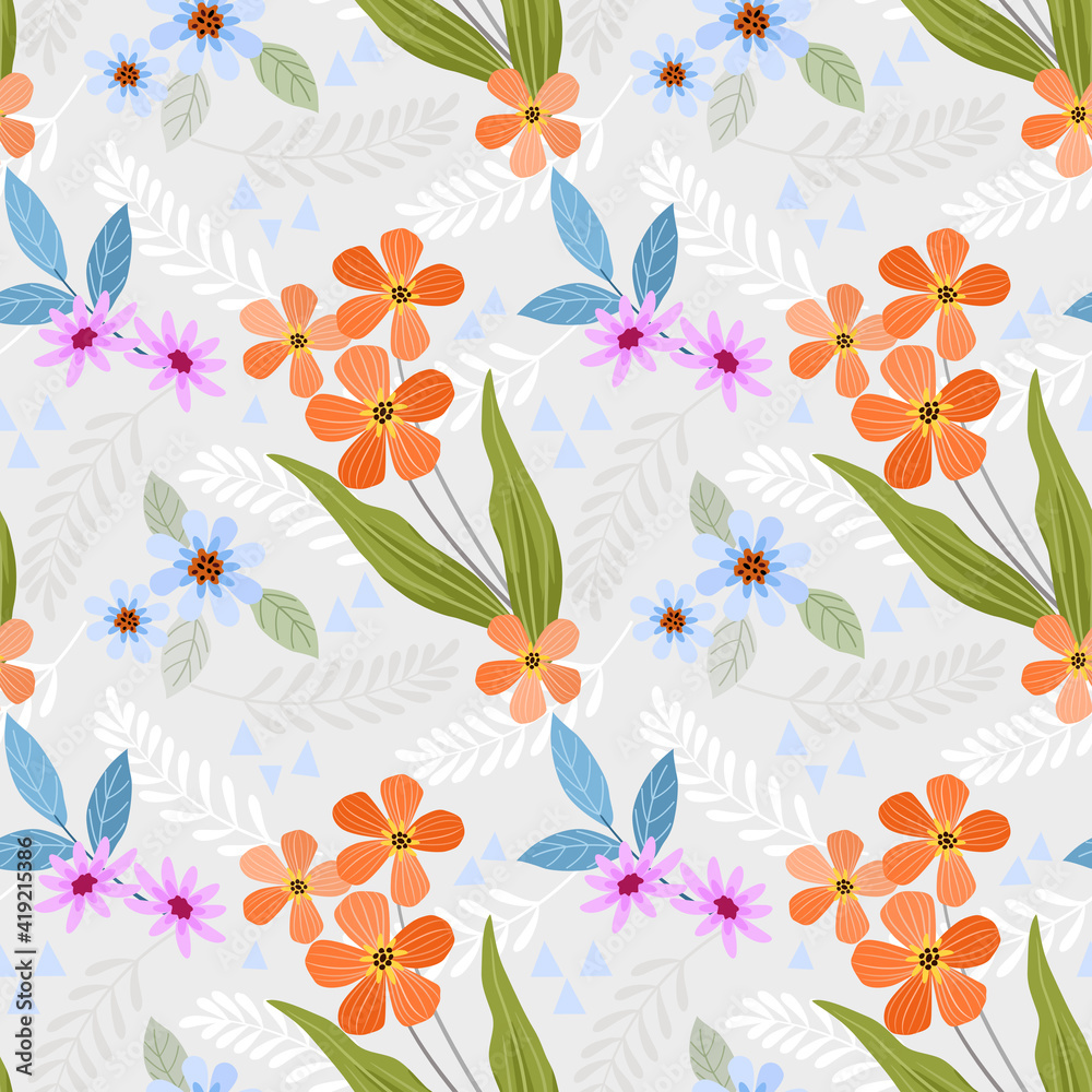 Abstract floral seamless pattern design. Cute hand drawn illustration. Orange flowers and green leaves on gray background. Abstract floral seamless pattern design. Cute hand drawn illustration. Orange flowers and green leaves on gray background.