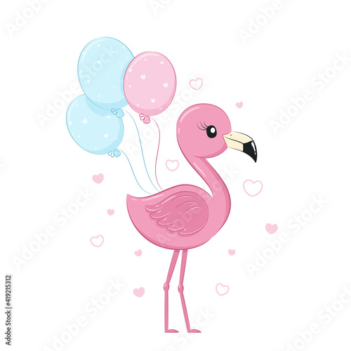 Cute flamingo with balloons. Vector illustration.