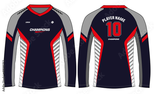 Long sleeve Racing t shirt, Sports jersey design concept vector template, Motocross jersey concept with front and back view , Cricket, football, Volleyball uniform designs