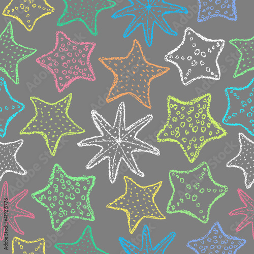 Chalk starfish background. Children drawing starfish hand drawn wax crayons art on grey. Crayon style ocean animal backdrop. Color pastel crayons freehand drawn marine background. Fabric starfish