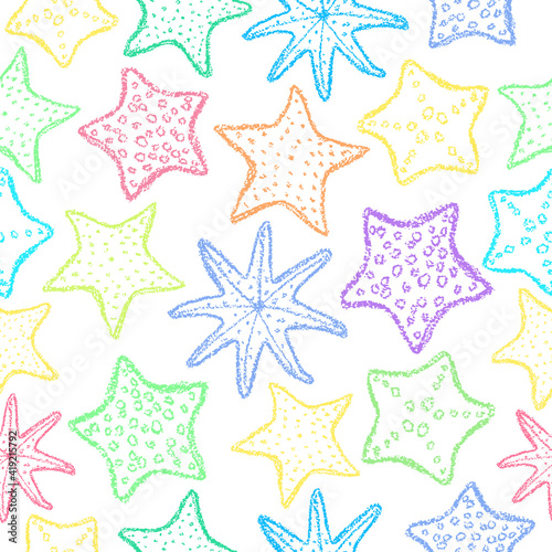 Chalk starfish background. Children drawing starfish hand drawn wax crayons art on white. Crayon style ocean animal backdrop. Color pastel crayons freehand drawn marine background. Fabric starfish.