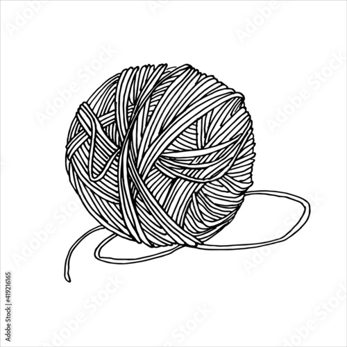 vector drawing in the style of doodle. a ball of yarn for knitting. a ball of woolen thread is a symbol of needlework, hobby, knitting and crocheting. the logo