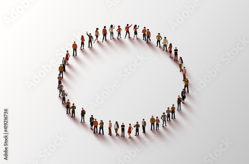 Large group of people in the shape of a circle on white background. People crowd concept.