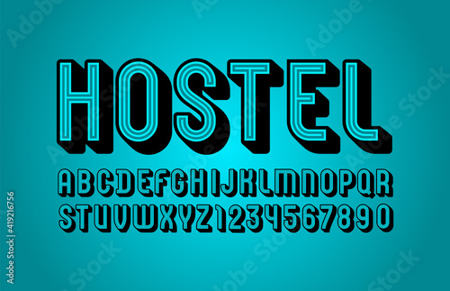 3D modern Font, trendy bright alphabet, condensed letters and numbers with line, vector illustration 10eps