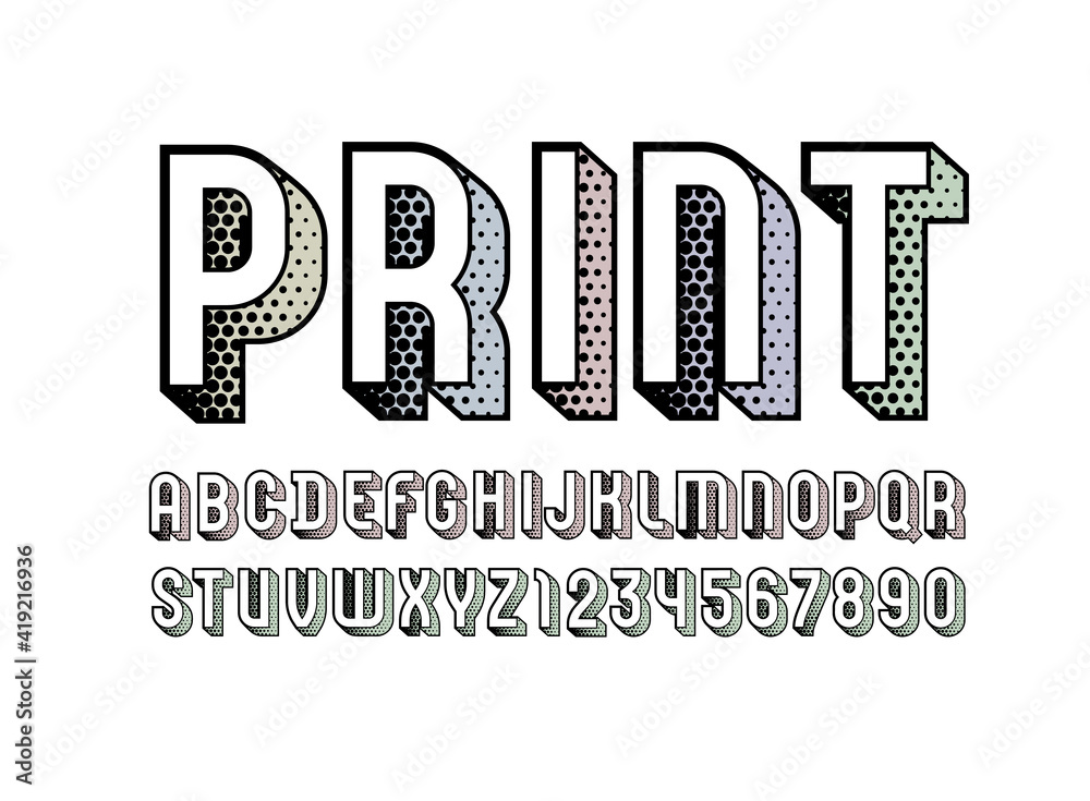 3d font, trendy graphic alphabet, modern letters and numbers with halftone effect, vector illustration 10EPS