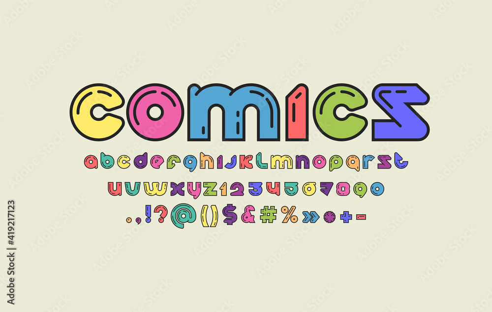Comics modern alphabet, original rounded font, trendy letters from A to Z and numbers from 0 to 9, vector illustration 10EPS Comics modern alphabet, original rounded font, trendy letters from A to Z and numbers from 0 to 9, vector illustration 10EPS