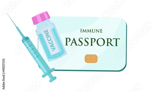 Covid 19 immune passport with test result, travel visa. Coronavirus vaccination certificate. Sars 2019-nCoV, Covid-19 pandemic end. Vector illustration