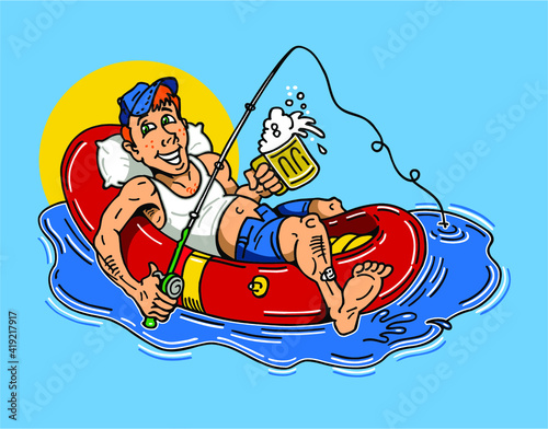 relaxing cartoon guy fishing and drinking beer on an inflatable raft