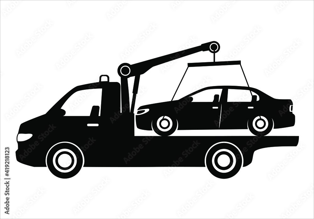 Tow truck city road assistance service evacuator. Parking violation. Road sign - no Parking. Sign of a tow truck. Vector illustration
