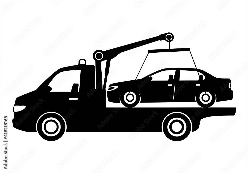Naklejka premium Tow truck city road assistance service evacuator. Parking violation. Road sign - no Parking. Sign of a tow truck. Raster illustration