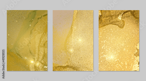 Yellow green and gold pattern with texture of geode and sparkles. Abstract vector background in alcohol ink technique. Modern paint with glitter. Set of backdrops for banner, poster design. Fluid art