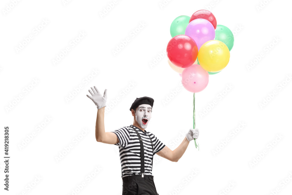 Mime holding a bunch of colorful balloons and waving at the camera Mime holding a bunch of colorful balloons and waving at the camera
