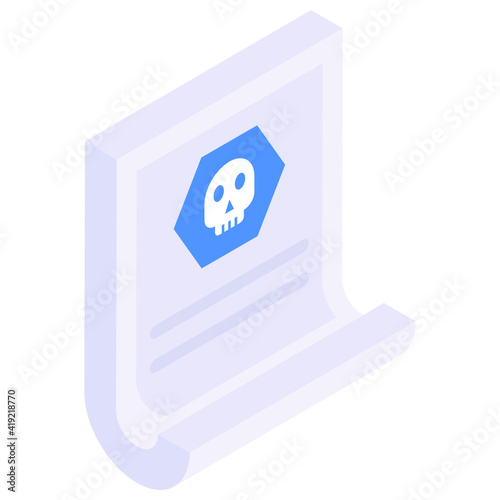 
Skull on paper denoting isometric icon of infected file 

