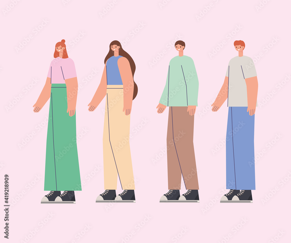 group of people over a pink background