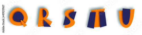 Paper cut rough english letters designed with layers are floating over the sheet. Digital Q-U symbols are isolated on white background with shadow. Can be used for applique, print poster or postcard.