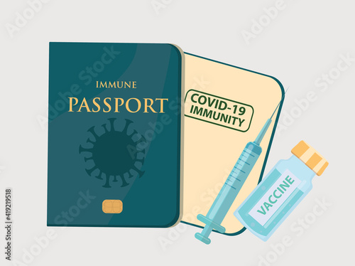 Covid 19 immune passport with test result, travel visa. Coronavirus vaccination certificate. Sars 2019-nCoV, Covid-19 pandemic end. Vector illustration