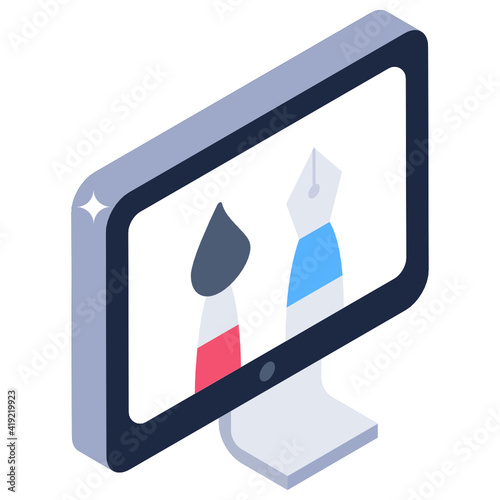 
Brush and pen inside monitor denoting isometric icon of online art 

