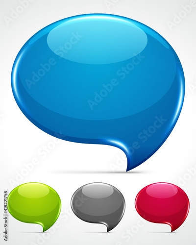 Glass dialog comma vector banner. Blue transparent drop with bright gradient and green tint.