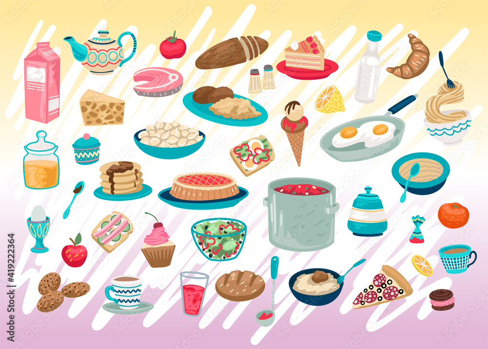 Set of different food in the utensils, snack, fast food, restaurant menu, simple hand drawn food icons. Vector illustration Set of different food in the utensils, snack, fast food, restaurant menu, simple hand drawn food icons. Vector illustration