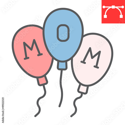 Happy Mothers Day balloons color line icon, party and celebration, mothers day ballon vector icon, vector graphics, editable stroke filled outline sign, eps 10.