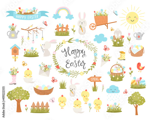 Set of Easter design elements. Easter cartoon characters and floral elements. For holiday decoration and spring greeting cards. Bunny, chickens, eggs and flowers. Vector illustration.