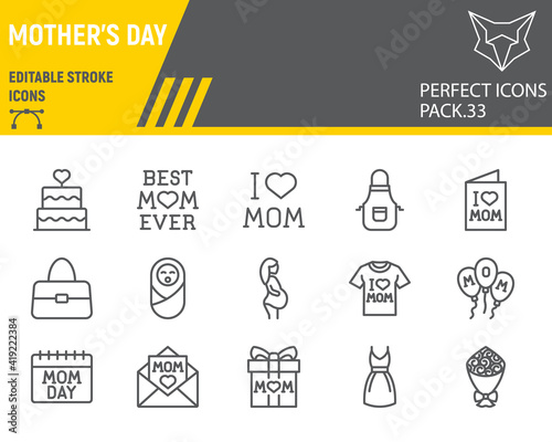 Happy Mothers Day line icon set, mom day collection, vector graphics, logo illustrations, mothers day vector icons, family signs, outline pictograms, editable stroke.
