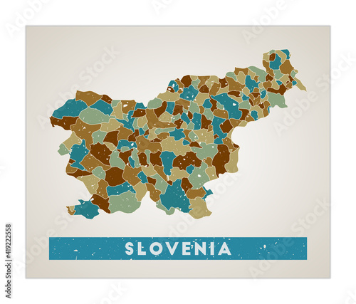 Slovenia map. Country poster with regions. Old grunge texture. Shape of Slovenia with country name. Radiant vector illustration.
