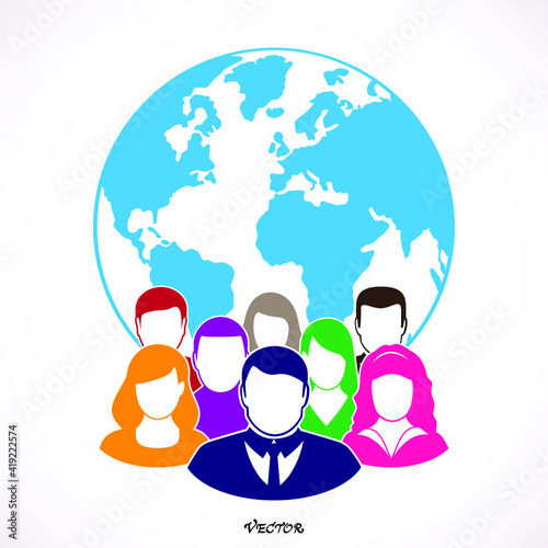Businesspeople are standing in front of large world map.