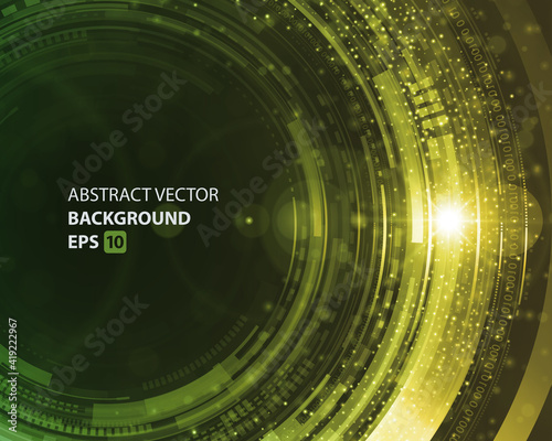 Digital green circles abstract vector background. Tecno disc design with bright dynamic rings.