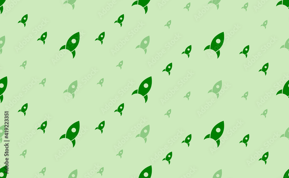 Seamless pattern of large and small green rocket symbols. The elements are arranged in a wavy. Vector illustration on light green background Seamless pattern of large and small green rocket symbols. The elements are arranged in a wavy. Vector illustration on light green background