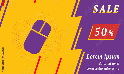 Sale promotion banner with place for your text. On the left is the computer mouse symbol. Promotional text with discount percentage on the right side. Vector illustration on yellow background