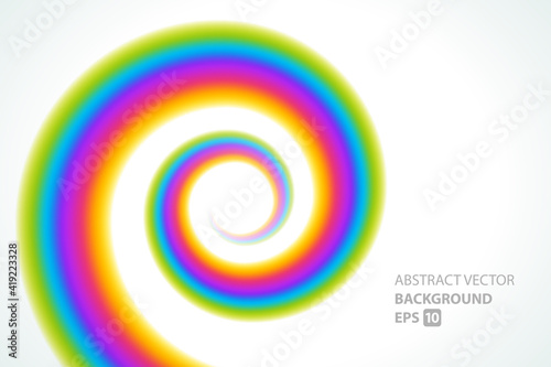 Iridescent abstract stripes swirling in spiral vector background. Geometric swirl with purple lines and yellow light.