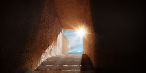Crucifixion and Resurrection. Empty tomb of Jesus with crosses in the background. Easter or Resurrection concept. He is Risen. Happy Easter.