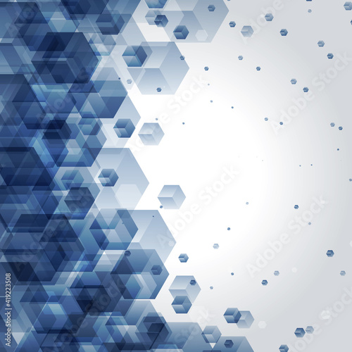 Flying abstract geometric cubes vector background. Blue transparent boxes will separate from main polygon group in chaotic motion.
