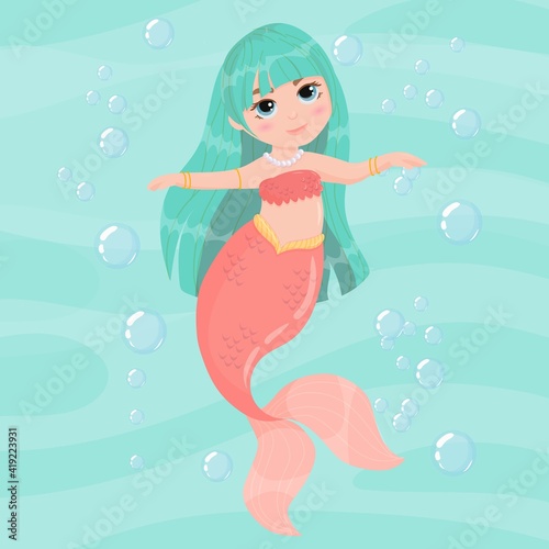 Cute cartoon mermaid with purple tail. Little mermaid girl. A magical creature. Vector illustration isolated on white background.