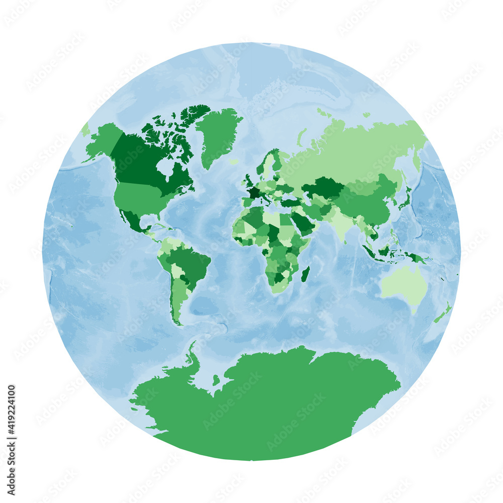 World Map. Van der Grinten projection. World in green colors with blue ocean. Vector illustration.