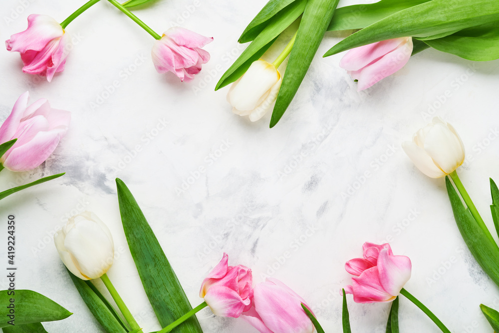 Pink tulips on yellow background. Floral pattern. Greeting card. Space for text. Pink tulips on yellow background. Floral pattern. Greeting card. Space for text.