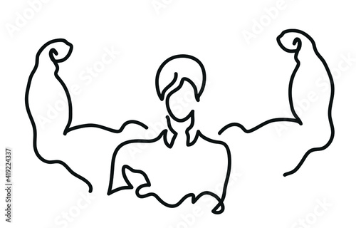 One line drawing of strong business woman with muscles One continuous line drawing of strong woman concept.