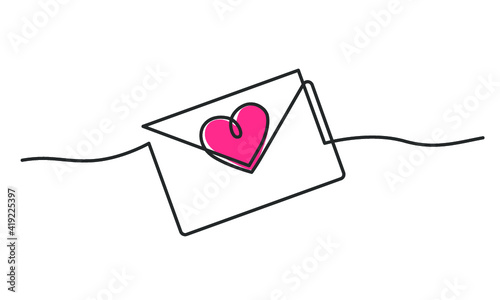 Continuous line drawing of envelope with red heart. Valentine's day. Template for love cards and invitations. Isolated on white background. Vector illustration.