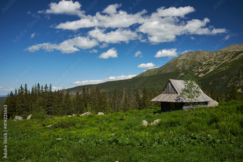 Scenic panoramic view of mountains landscape with mountain houses Scenic panoramic view of mountains landscape with mountain houses