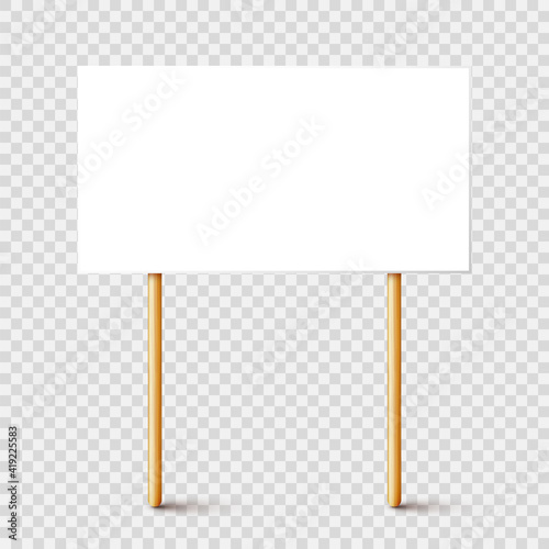 Blank protest sign with wooden holder. Realistic vector demonstration banner. Strike action cardboard placard mockup.