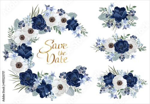 Collection of  floral borders and compositions with wedding flowers. Blue and white anemones. Template for Invitation or greeting card